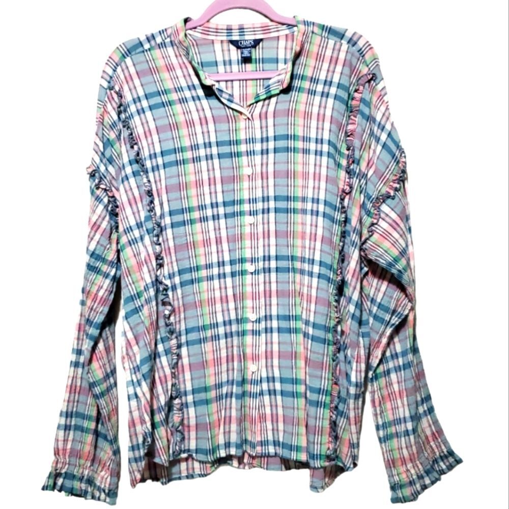 Chaps Plaid Ruffle Western Long Sleeve Blouse XXL